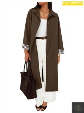 Oversized Single Breasted Lapel Trench Coat Windproof Plaid Lined